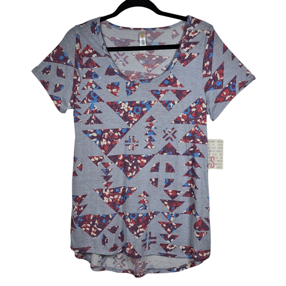 LuLaRoe Classic T Womens Small Gray Geometric Floral Triangle High Low Shirt NEW
